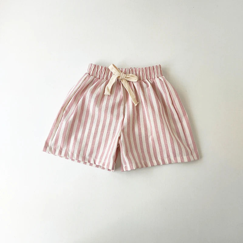 Vintage Linen Cotton Stripe Shorts – Casual Summer Pants for Baby Boys & Girls