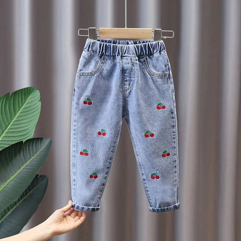 Girls Denim Jeans – Floral & Cartoon Print Long Pants for Spring & Autumn