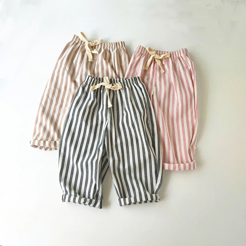 Vintage Linen Cotton Stripe Shorts – Casual Summer Pants for Baby Boys & Girls
