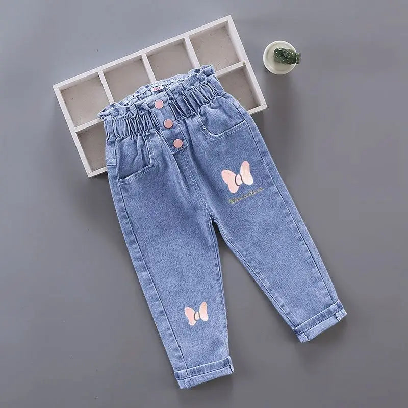 Girls Denim Jeans – Floral & Cartoon Print Long Pants for Spring & Autumn