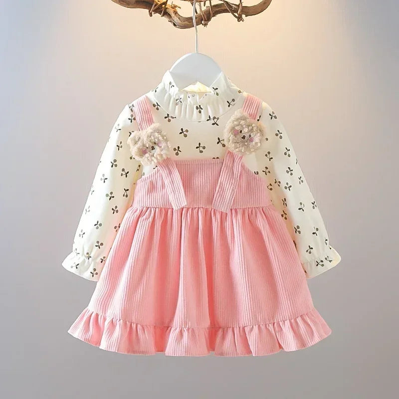 Girls Long Sleeve Pinafore Dress – Cute Cherry Bear Print Casual Outfit (Spring/Autumn 2025)