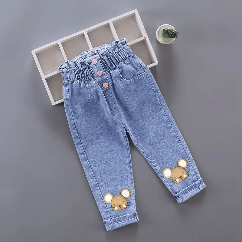Girls Denim Jeans – Floral & Cartoon Print Long Pants for Spring & Autumn