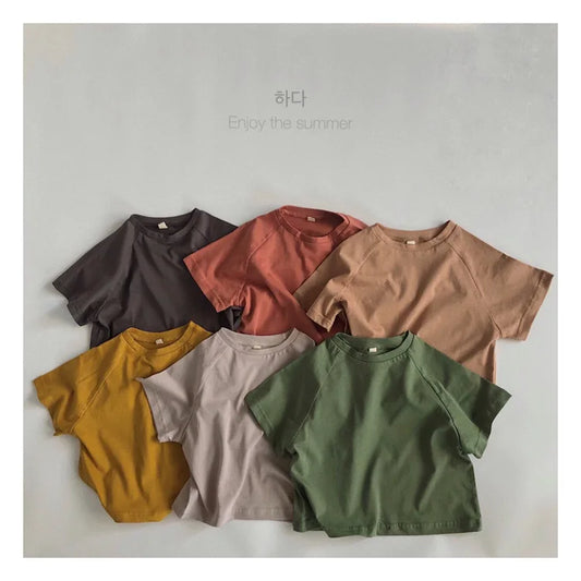 Solid Color TShirt Crewneck Bottoming Shirt Short Sleeve Tops New Child Casual Loose Simple All-match Tees Kids Summer Wear