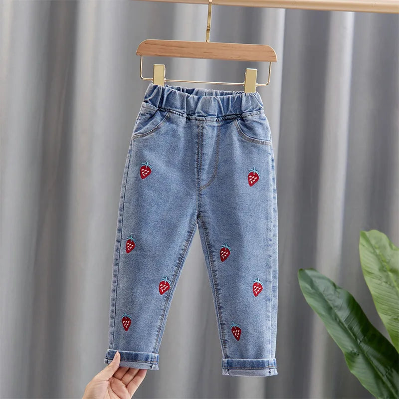 Girls Denim Jeans – Floral & Cartoon Print Long Pants for Spring & Autumn