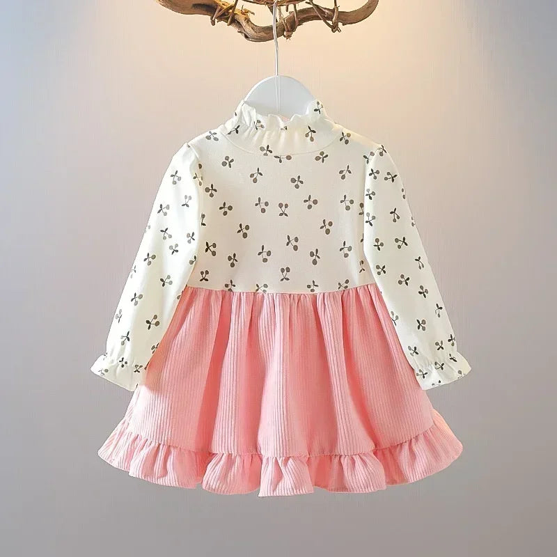 Girls Long Sleeve Pinafore Dress – Cute Cherry Bear Print Casual Outfit (Spring/Autumn 2025)