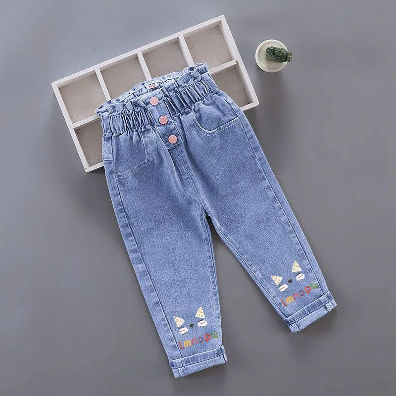 Girls Denim Jeans – Floral & Cartoon Print Long Pants for Spring & Autumn