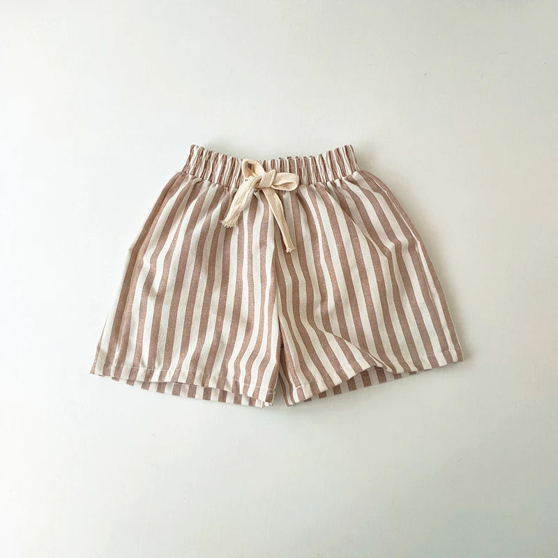 Vintage Linen Cotton Stripe Shorts – Casual Summer Pants for Baby Boys & Girls