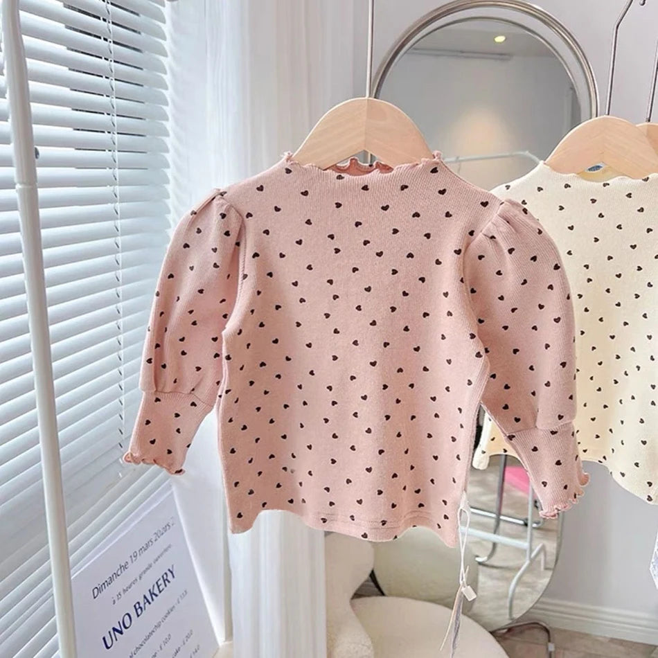 Girls Long Sleeve Top – Puff Sleeve Half-High Collar Shirt for Spring & Autumn