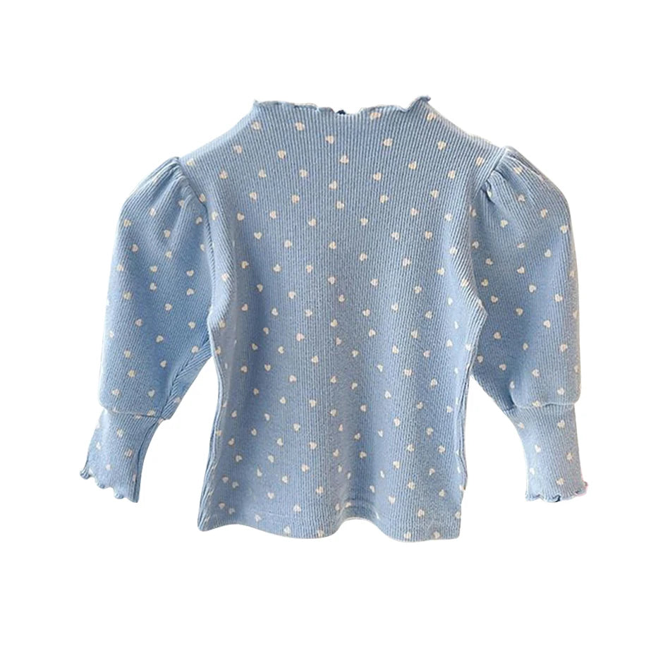 Girls Long Sleeve Top – Puff Sleeve Half-High Collar Shirt for Spring & Autumn