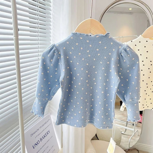 Girls Long Sleeve Top β Puff Sleeve Half-High Collar Shirt for Spring & Autumn