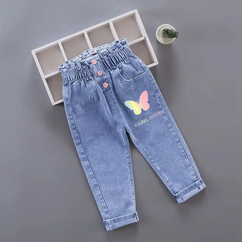 Girls Denim Jeans – Floral & Cartoon Print Long Pants for Spring & Autumn