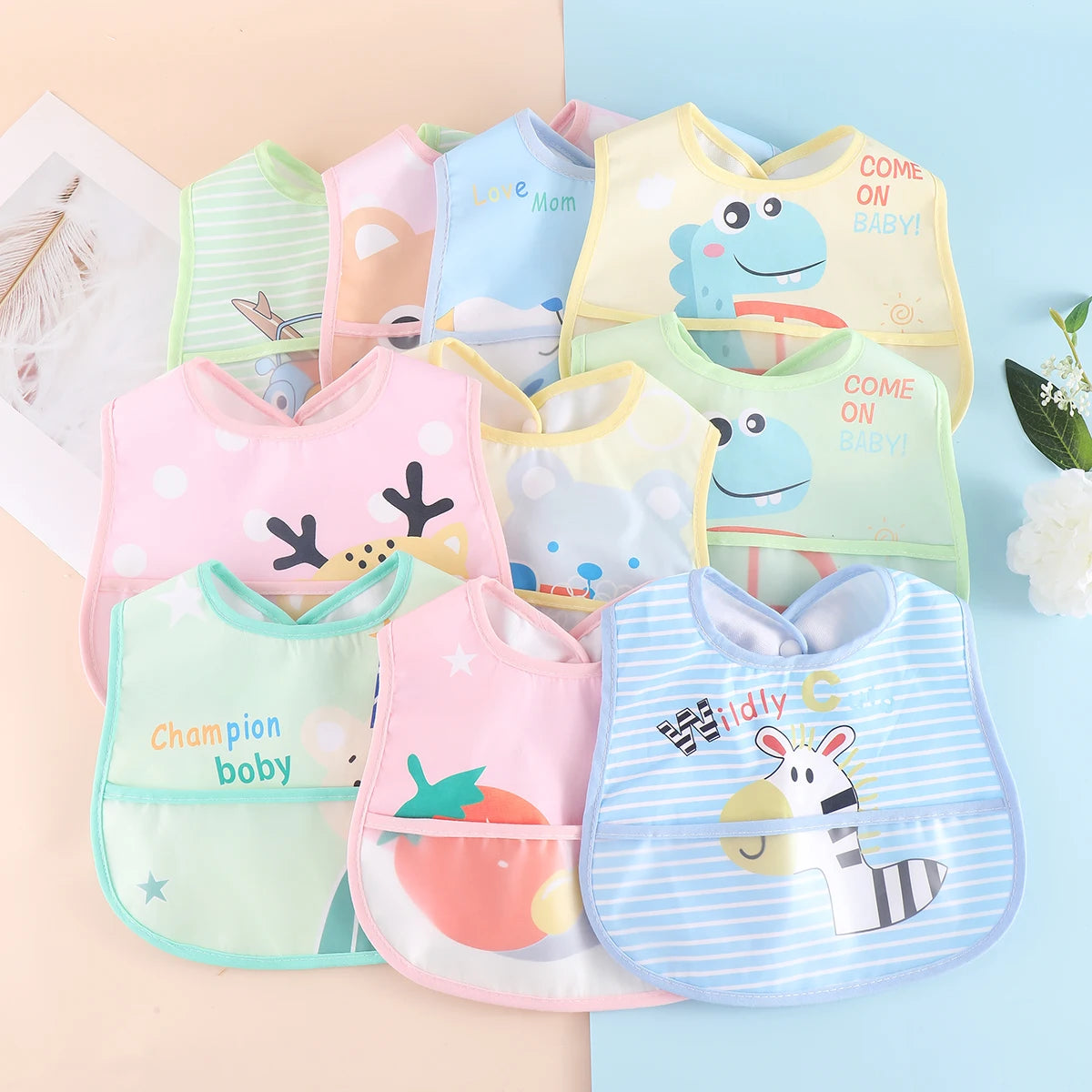 Random 5pcs Cartoon Animals Waterproof Bibs Baby Kids Girls Boys Waterproof Saliva Toddler Feeding Bibs Baby Bibs Aprons Adjusab