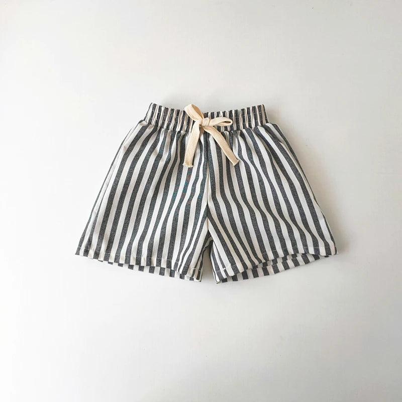 Vintage Linen Cotton Stripe Shorts – Casual Summer Pants for Baby Boys & Girls