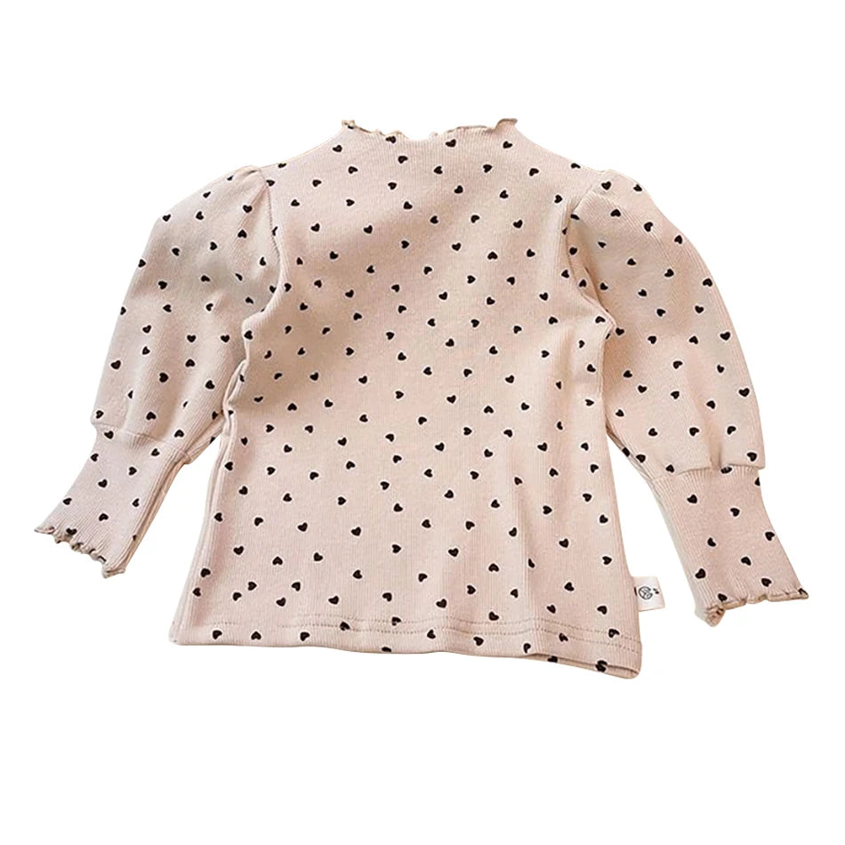 Girls Long Sleeve Top – Puff Sleeve Half-High Collar Shirt for Spring & Autumn