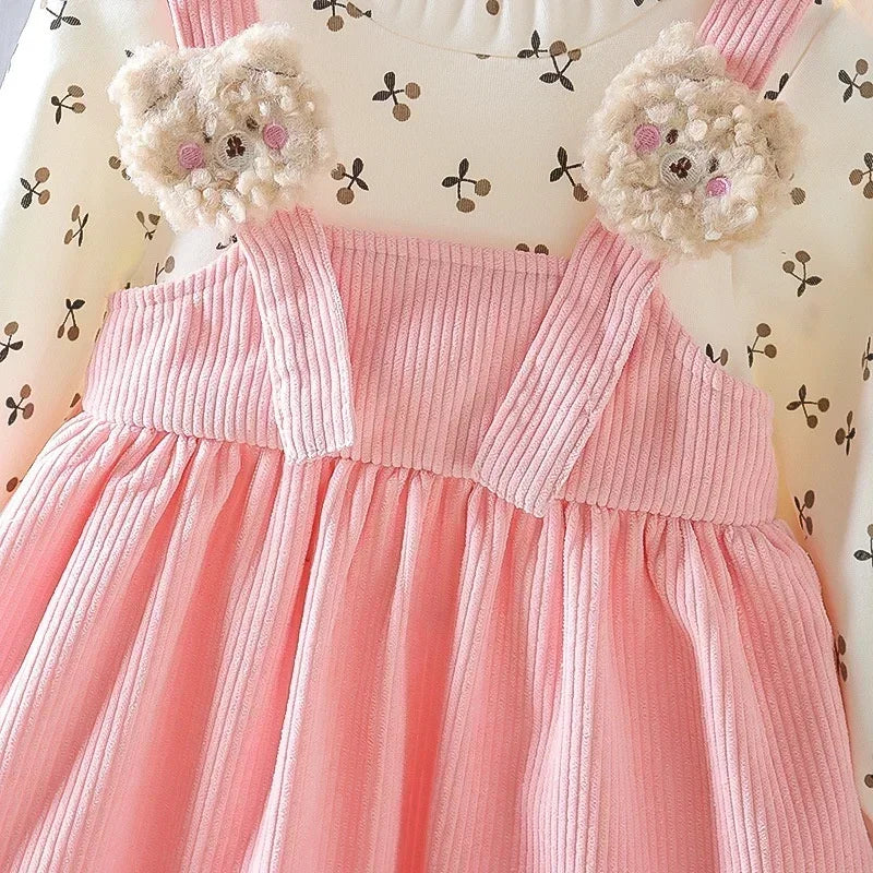 Girls Long Sleeve Pinafore Dress – Cute Cherry Bear Print Casual Outfit (Spring/Autumn 2025)