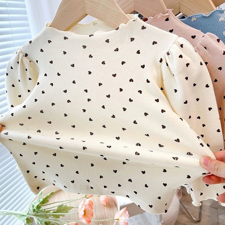 Girls Long Sleeve Top – Puff Sleeve Half-High Collar Shirt for Spring & Autumn
