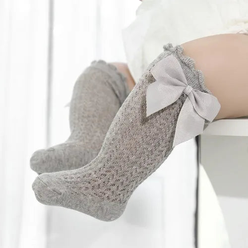 Baby Girl Knee Socks – Cotton Bow Non-Slip Summer Socks (0–2 Years)