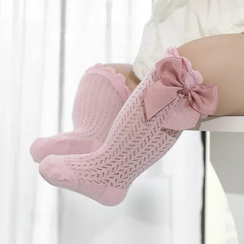 Baby Girl Knee Socks – Cotton Bow Non-Slip Summer Socks (0–2 Years)