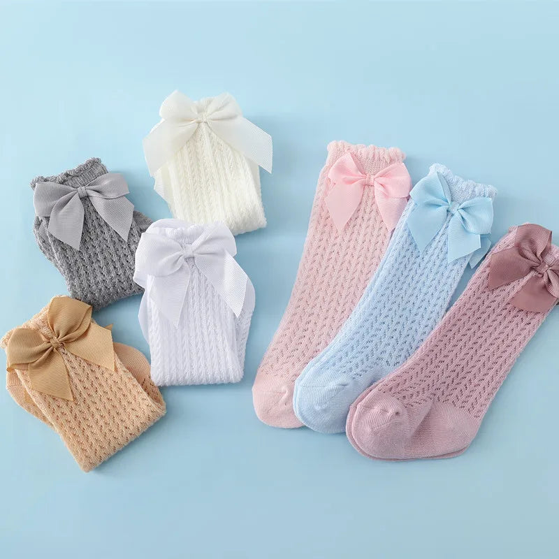 Baby Girl Knee Socks – Cotton Bow Non-Slip Summer Socks (0–2 Years)