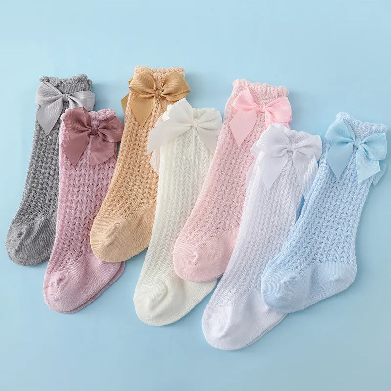 Baby Girl Knee Socks – Cotton Bow Non-Slip Summer Socks (0–2 Years)