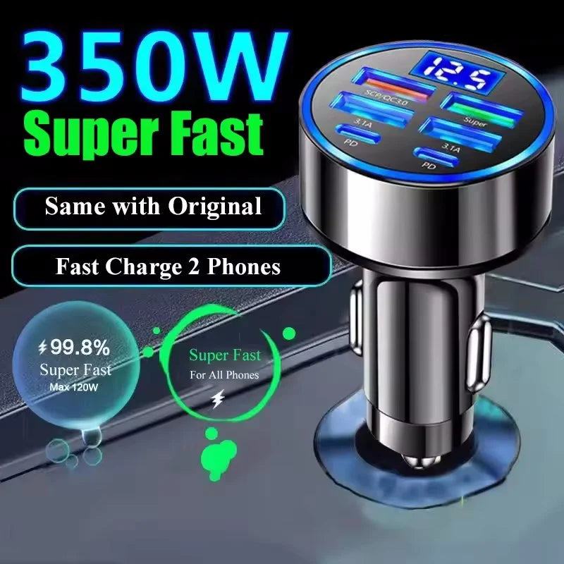 350W USB Car Charger with PD QC3.0 – Dual USB-C Fast Charging Adapter for Phones and Devices