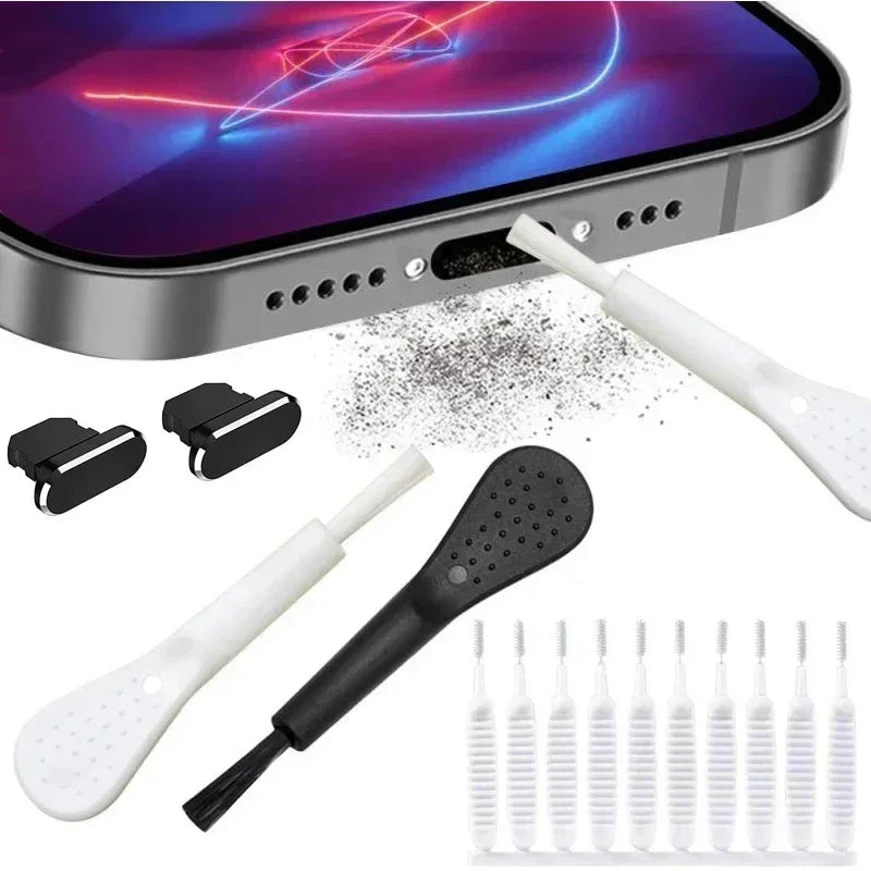 Cell Phone Charging Port Dust Plug with Cleaning Brush – Compatible with Type-C and Lightning Devices