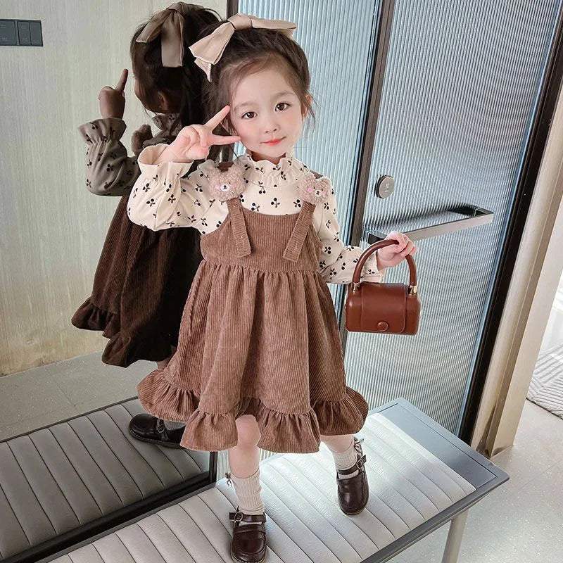 Girls Long Sleeve Pinafore Dress – Cute Cherry Bear Print Casual Outfit (Spring/Autumn 2025)