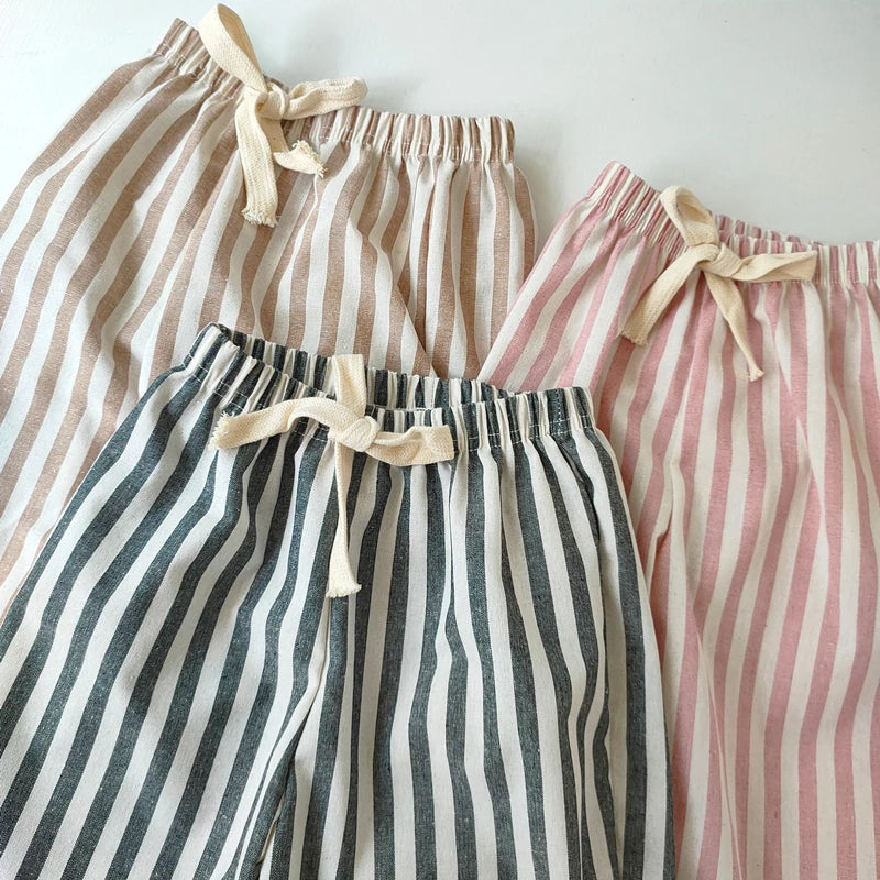 Vintage Linen Cotton Stripe Shorts – Casual Summer Pants for Baby Boys & Girls