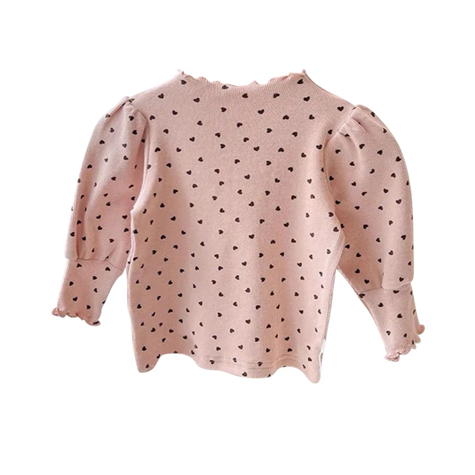 Girls Long Sleeve Top – Puff Sleeve Half-High Collar Shirt for Spring & Autumn