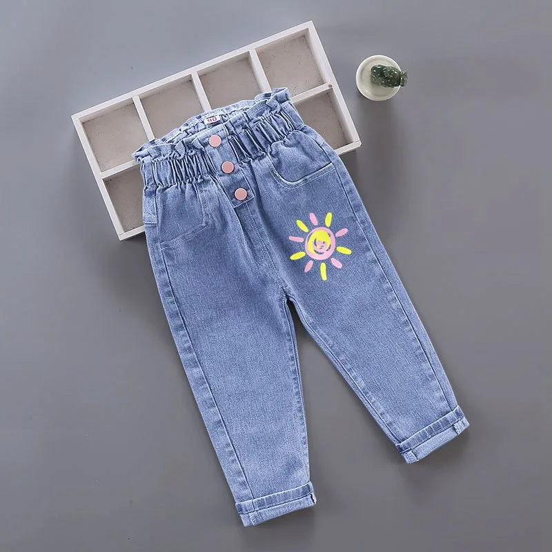 Girls Denim Jeans – Floral & Cartoon Print Long Pants for Spring & Autumn