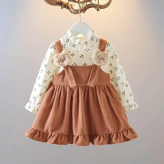 Girls Long Sleeve Pinafore Dress – Cute Cherry Bear Print Casual Outfit (Spring/Autumn 2025)