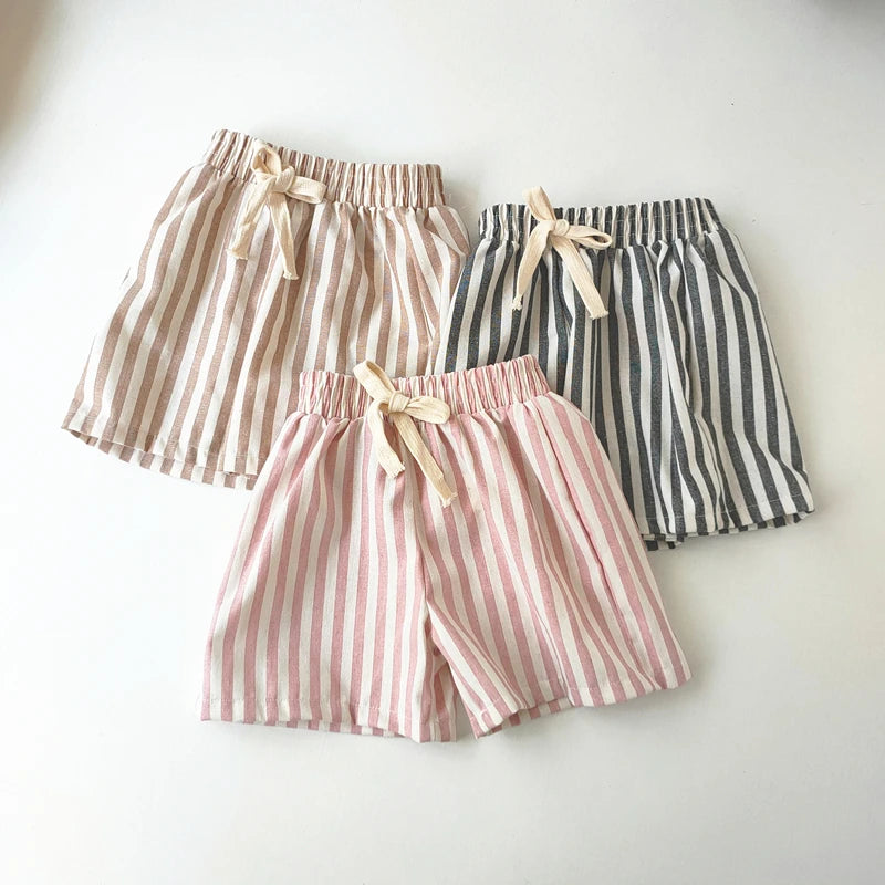 Vintage Linen Cotton Stripe Shorts – Casual Summer Pants for Baby Boys & Girls